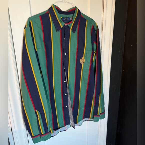 Polo by Ralph Lauren Men's Green and Navy Striped Shirt - Picture 2 of 6